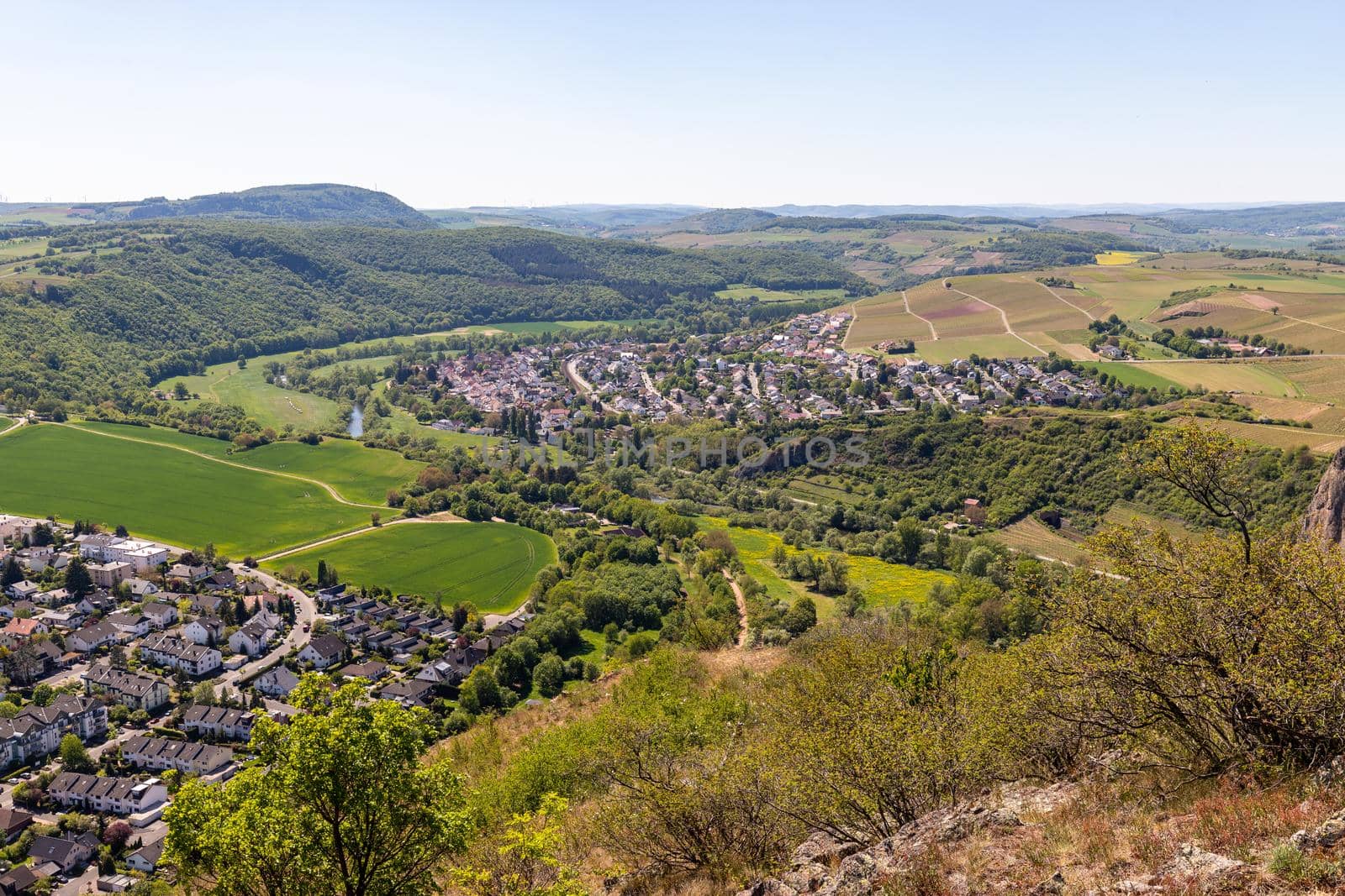 High angle view from the Rotenfels of Bad Muenster am Stein Ebernburg with the Nahe River, Germany