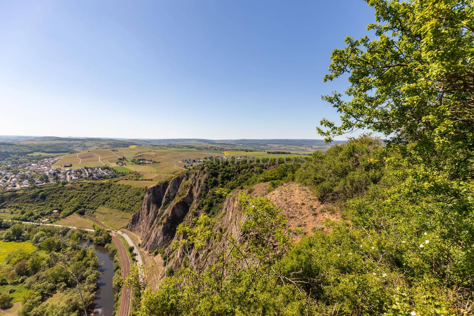 Wide angle view at landscape from Rotenfels, Bad Muenster am Stein, Rhineland Palatinate, Germany