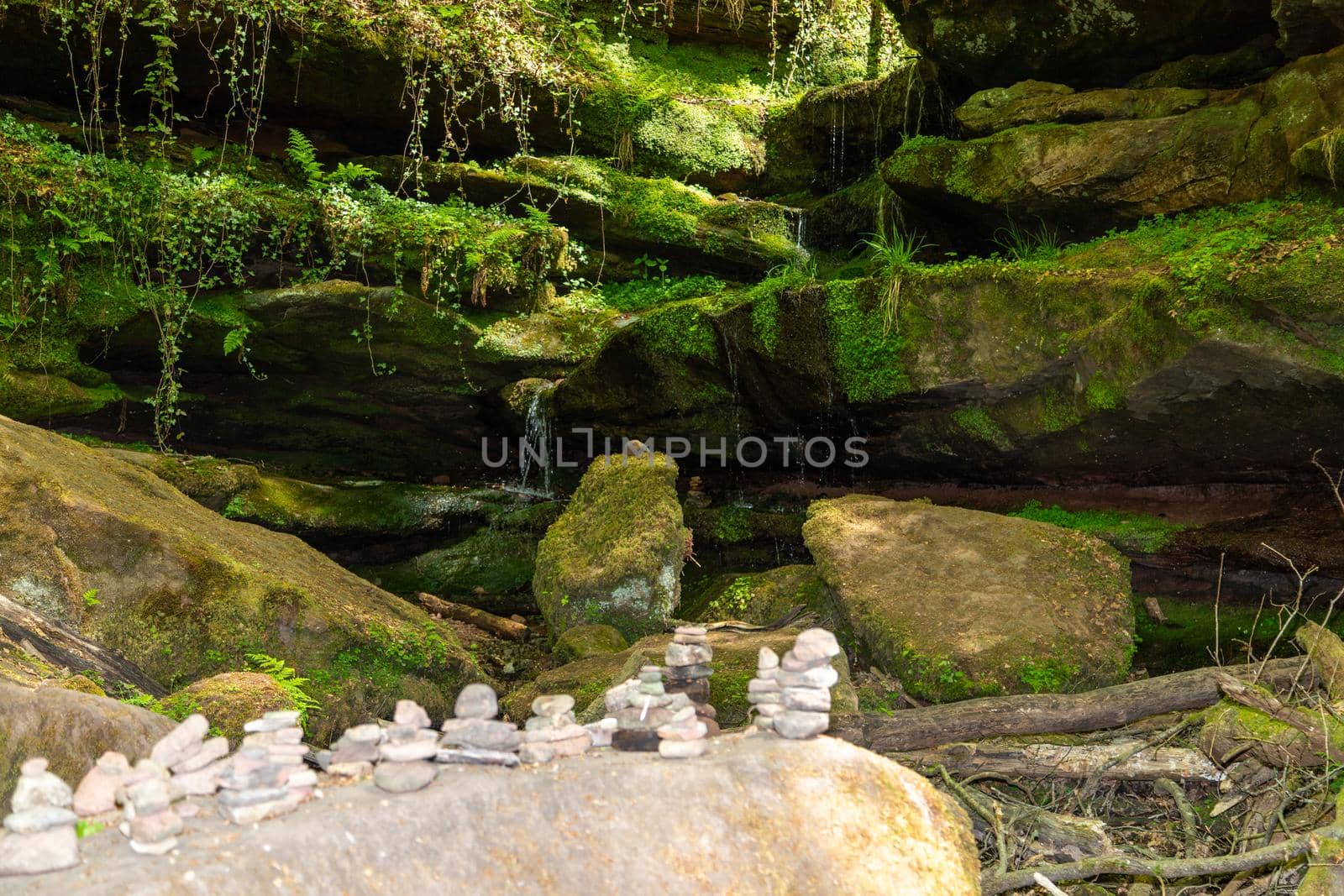 Water flowing over moss covered rocks  by reinerc