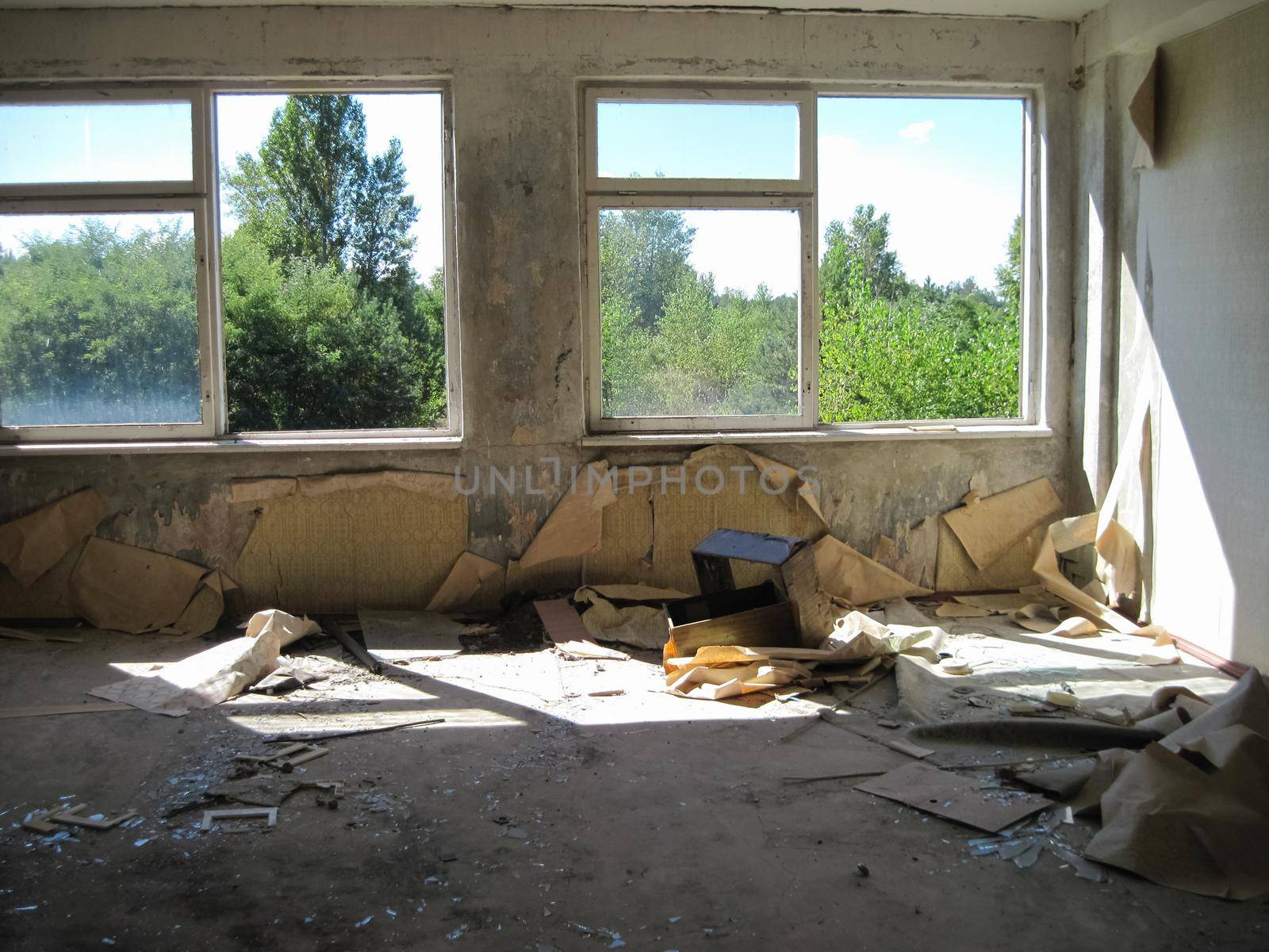 Abandoned residential buildings in the village of Orbita near the Chigirin nuclear power plant. Abandoned and destroyed. Chyhyryn Nuclear Power Plant