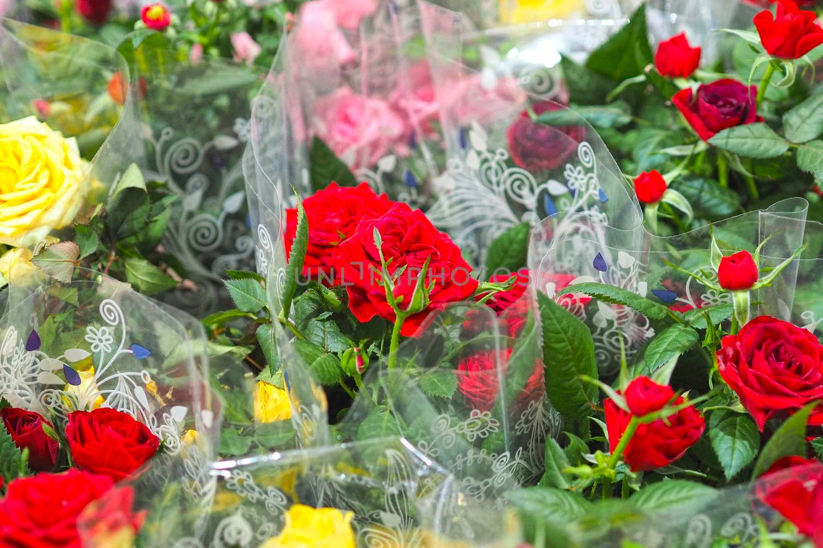 beautiful bouquets of live roses of different flowers. Flower shop. by Olga26