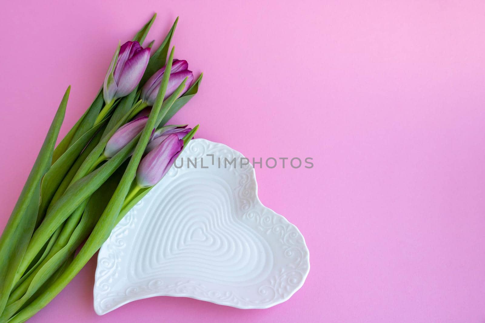 Delicate lilac tulips and a white heart-shaped plate on a pink background. Greeting card, wallpaper, background. Happy Mother's Day, Easter, Valentine's Day, or wedding.