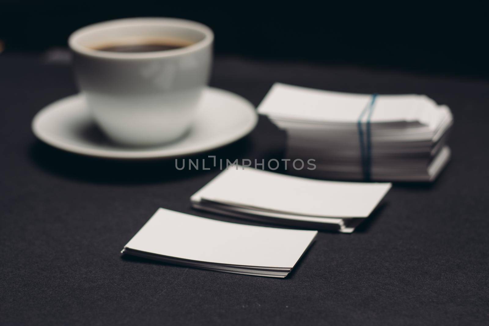 business cards on a dark table mockup Copy Space. High quality photo