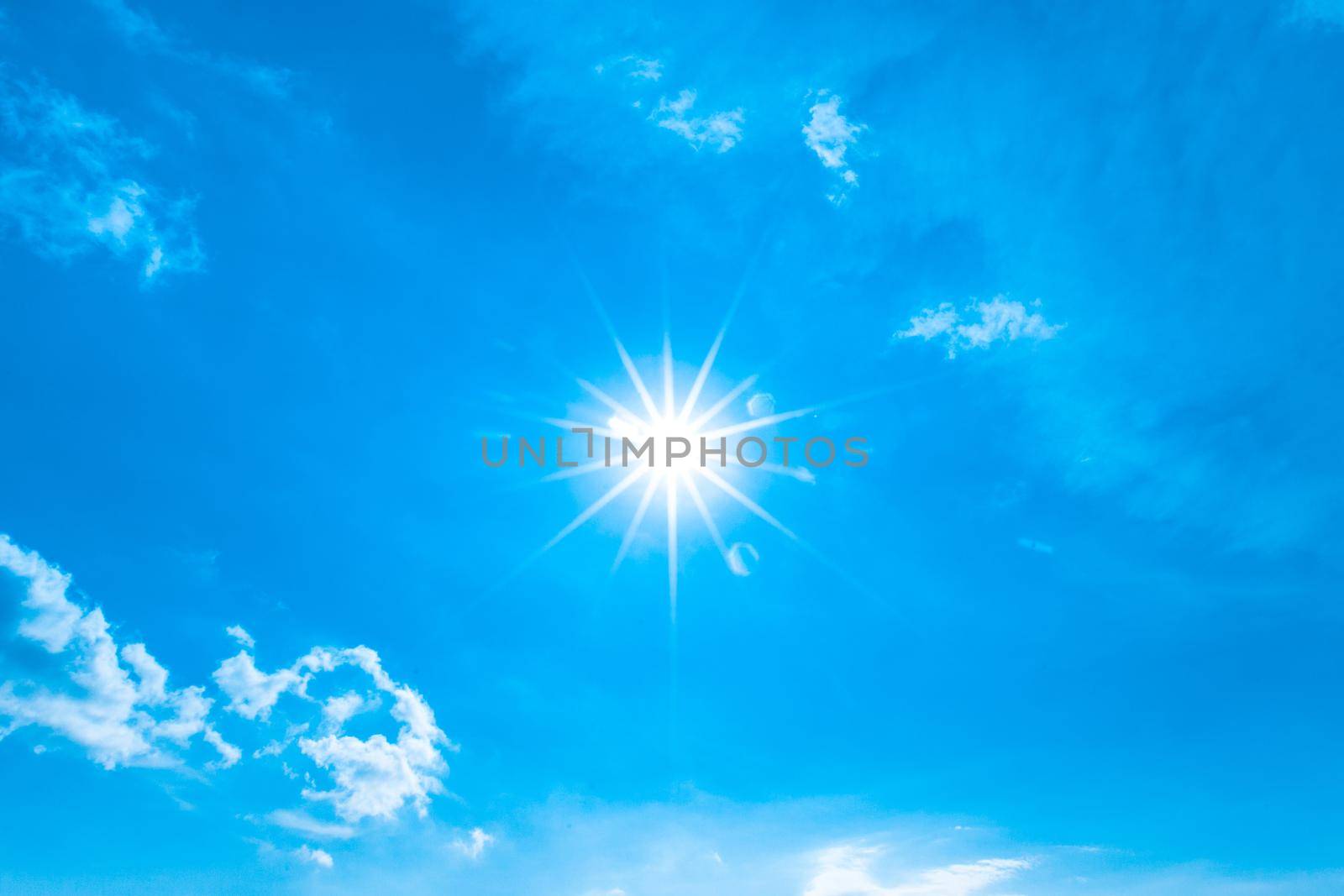 Blue sky with clouds and sun natural background