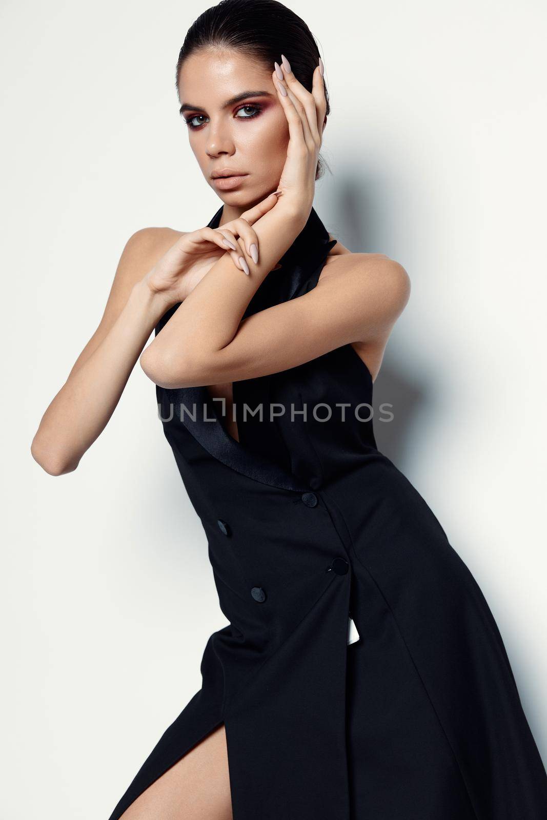 woman bright makeup black dresses fashion modern style. High quality photo