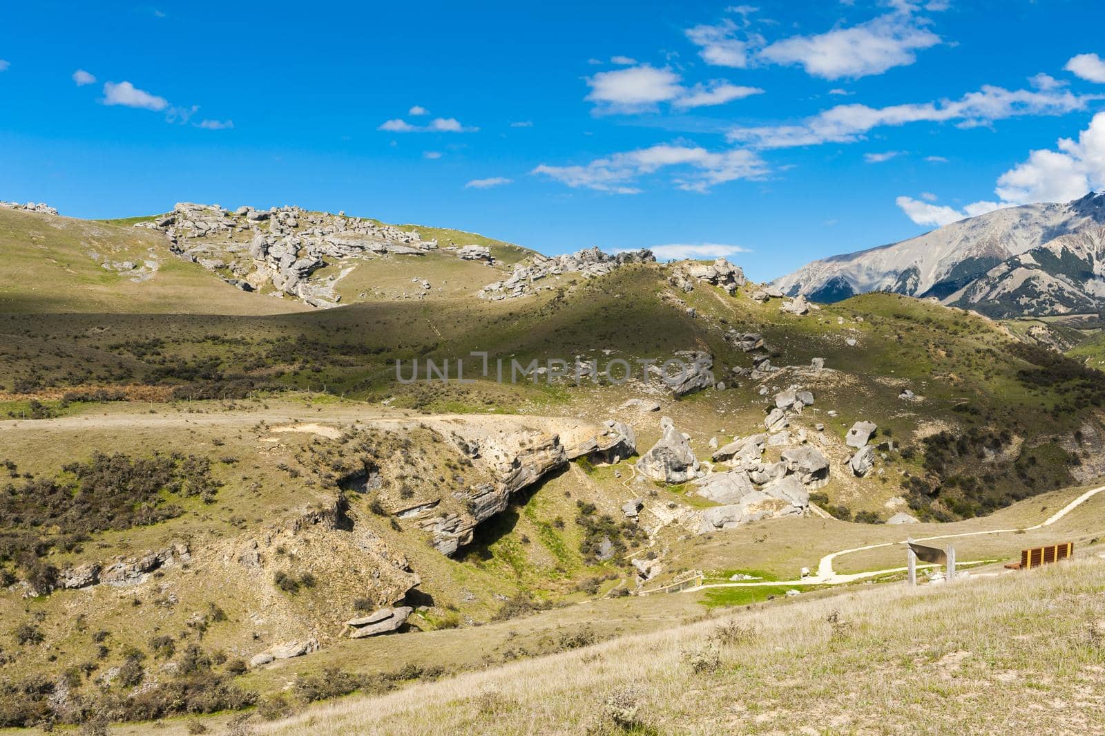 Vivid panoramic photo of mountains at Castle Hill. This area is well known to climbers and people liking bouldering. Kura Tawhiti - as it is called by native Maori is a place of spiritual importance as well. Canterbury, New Zealand