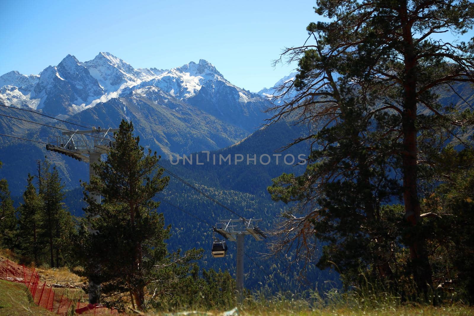 A cable car in the mountains of the North Caucasus. Dombai tourist.