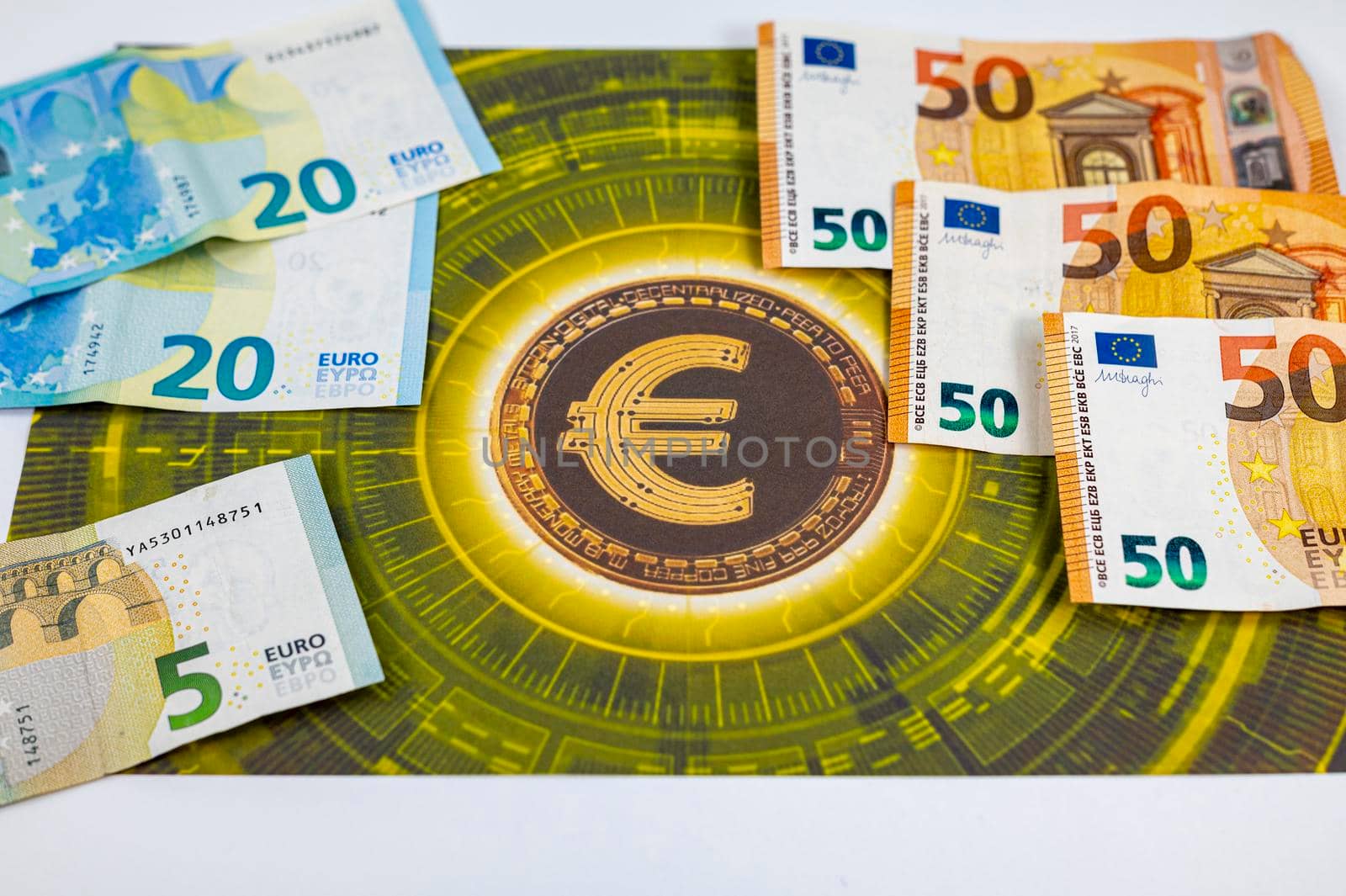 50 20 5 euro banknotes with euro symbol in different angles