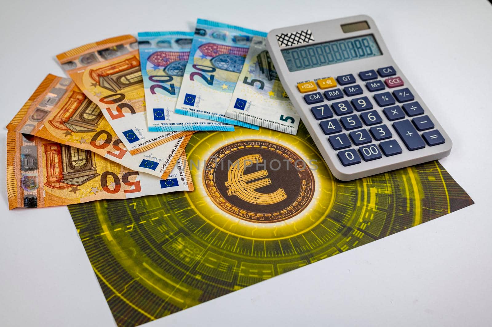 50 20 5 euro banknotes with euro symbol with calculator