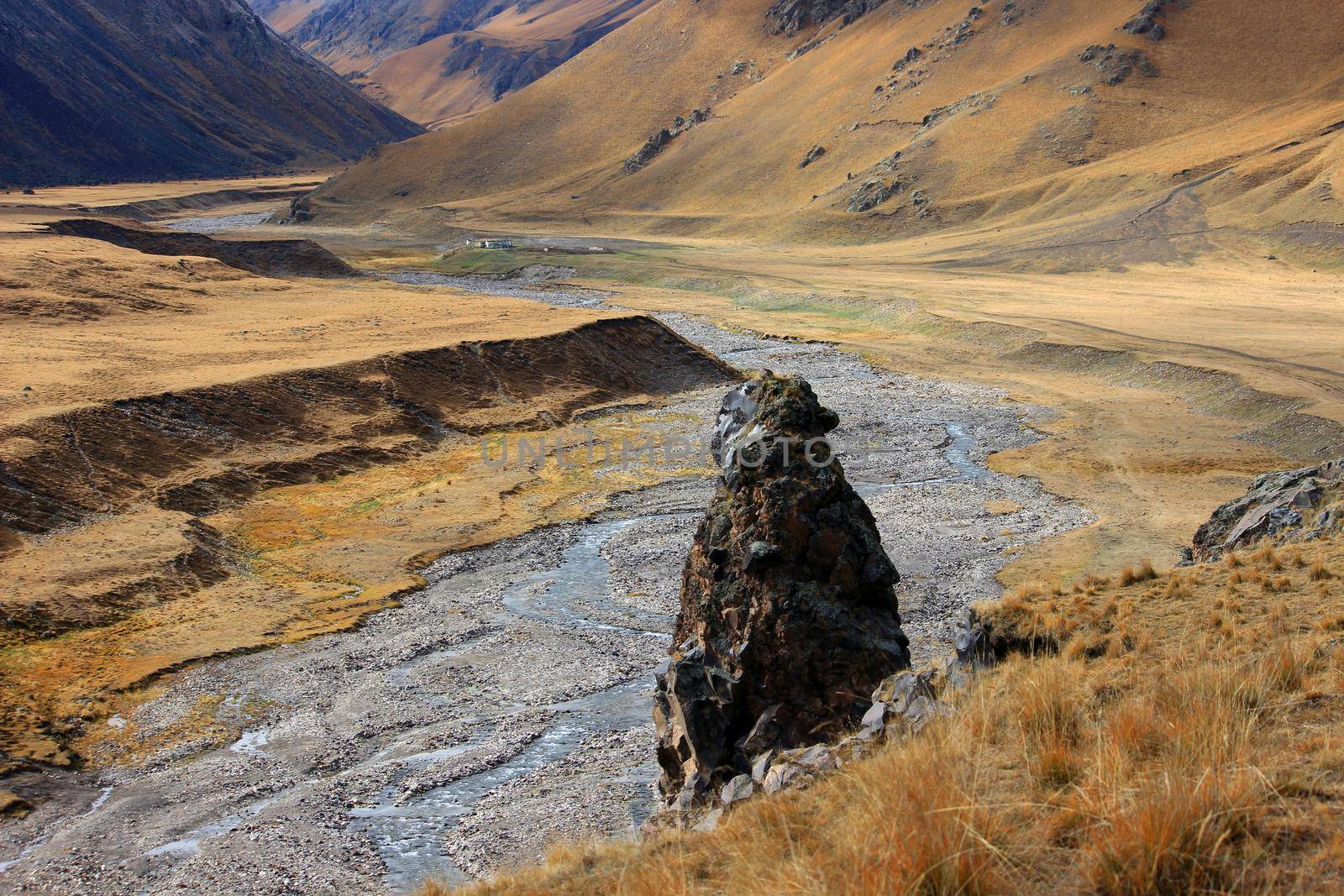 Beautiful mountain landscape, high mountains, cliffs, mountain river and tourist camp. High quality photo