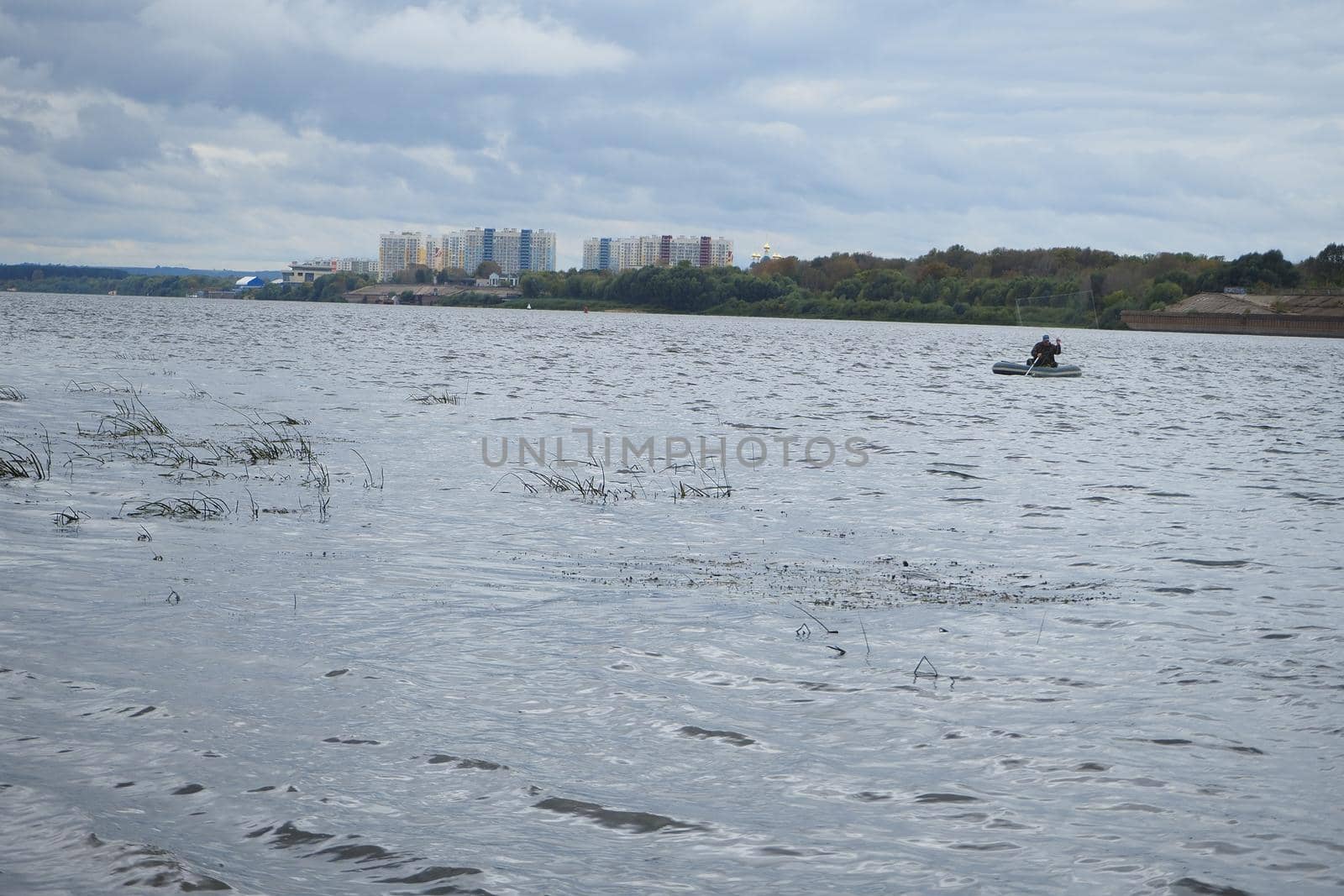 River. City by the river. Production on water. Sand mining and shipping. by Olga26