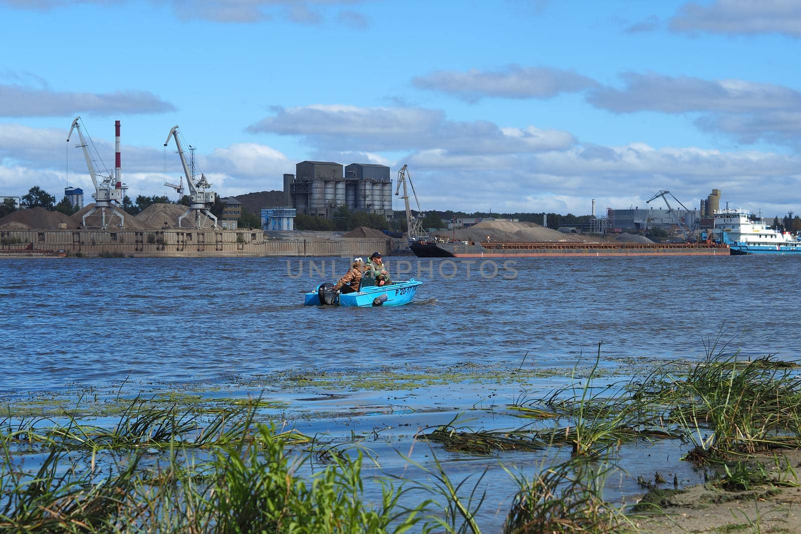 Panorama on the big river. Production on the river. Sand mining. by Olga26