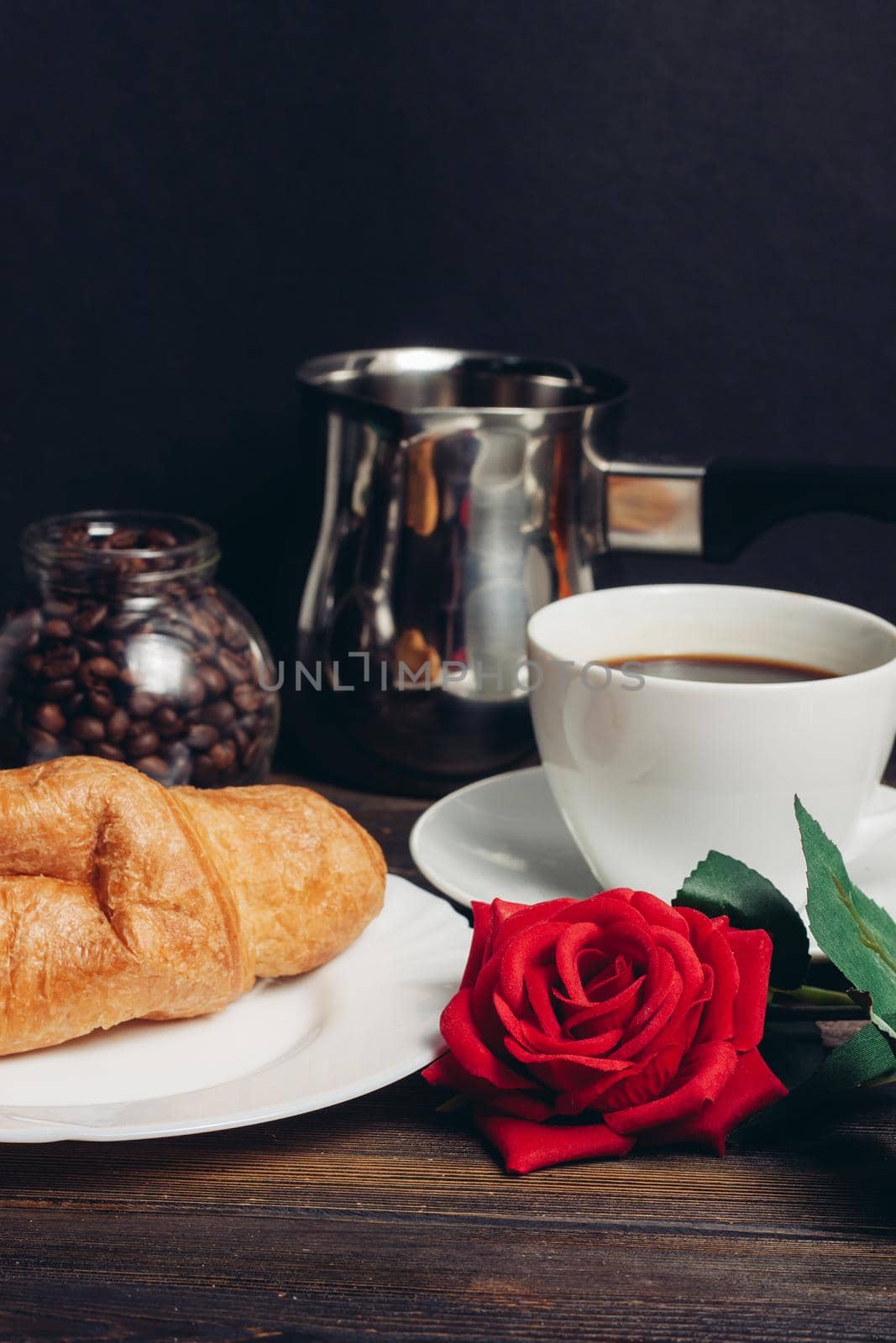 Cup of coffee cookies dessert breakfast wooden table. High quality photo