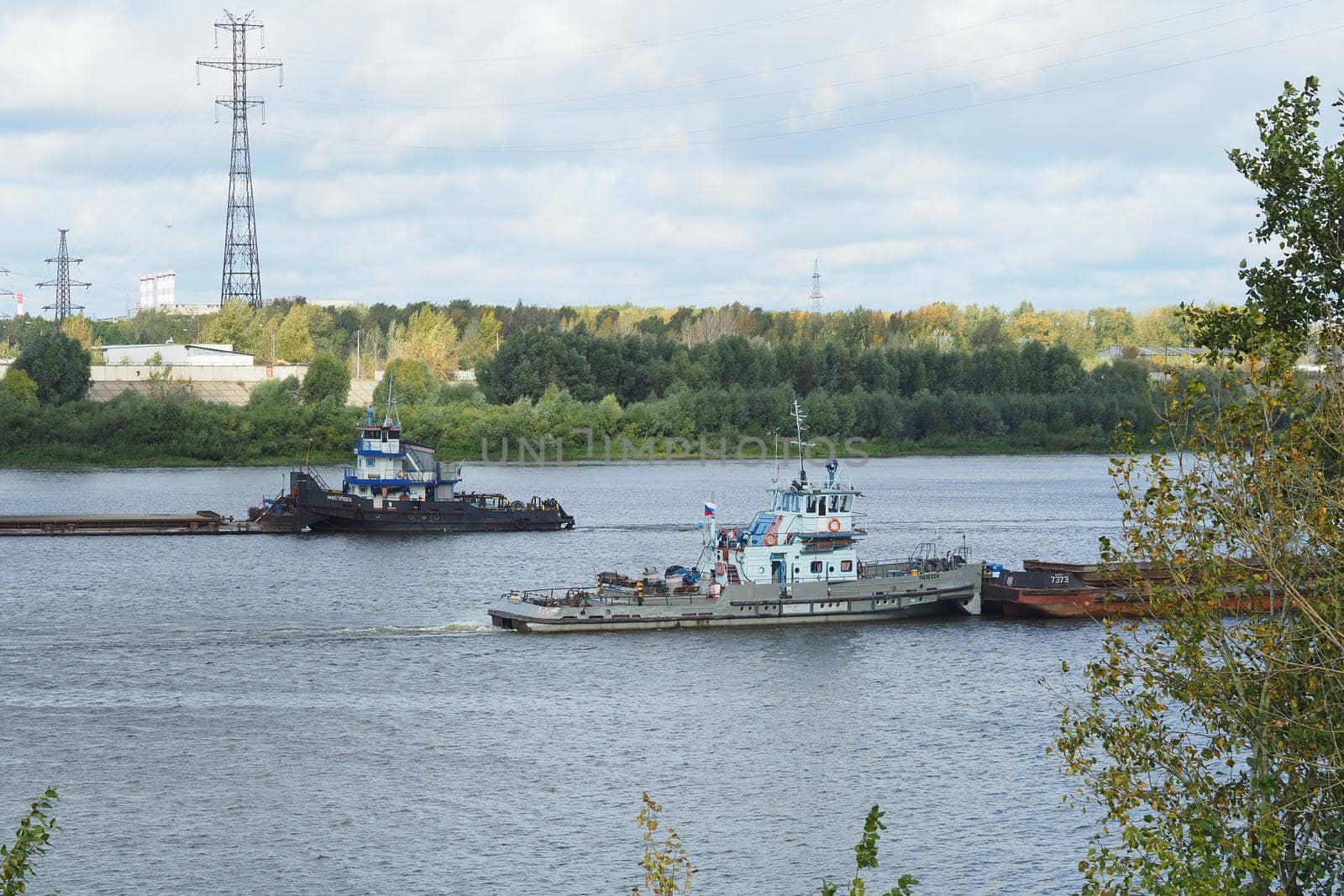 River. City by the river. Production on water. Sand mining and shipping. by Olga26