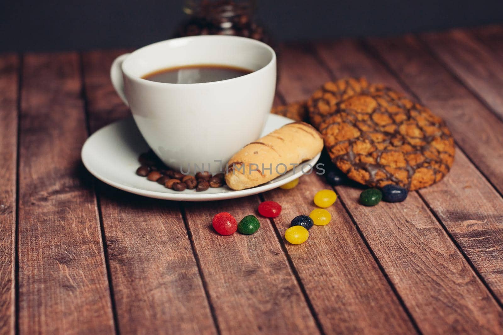 flour products for tea sweets cookies a cup with a drink breakfast. High quality photo