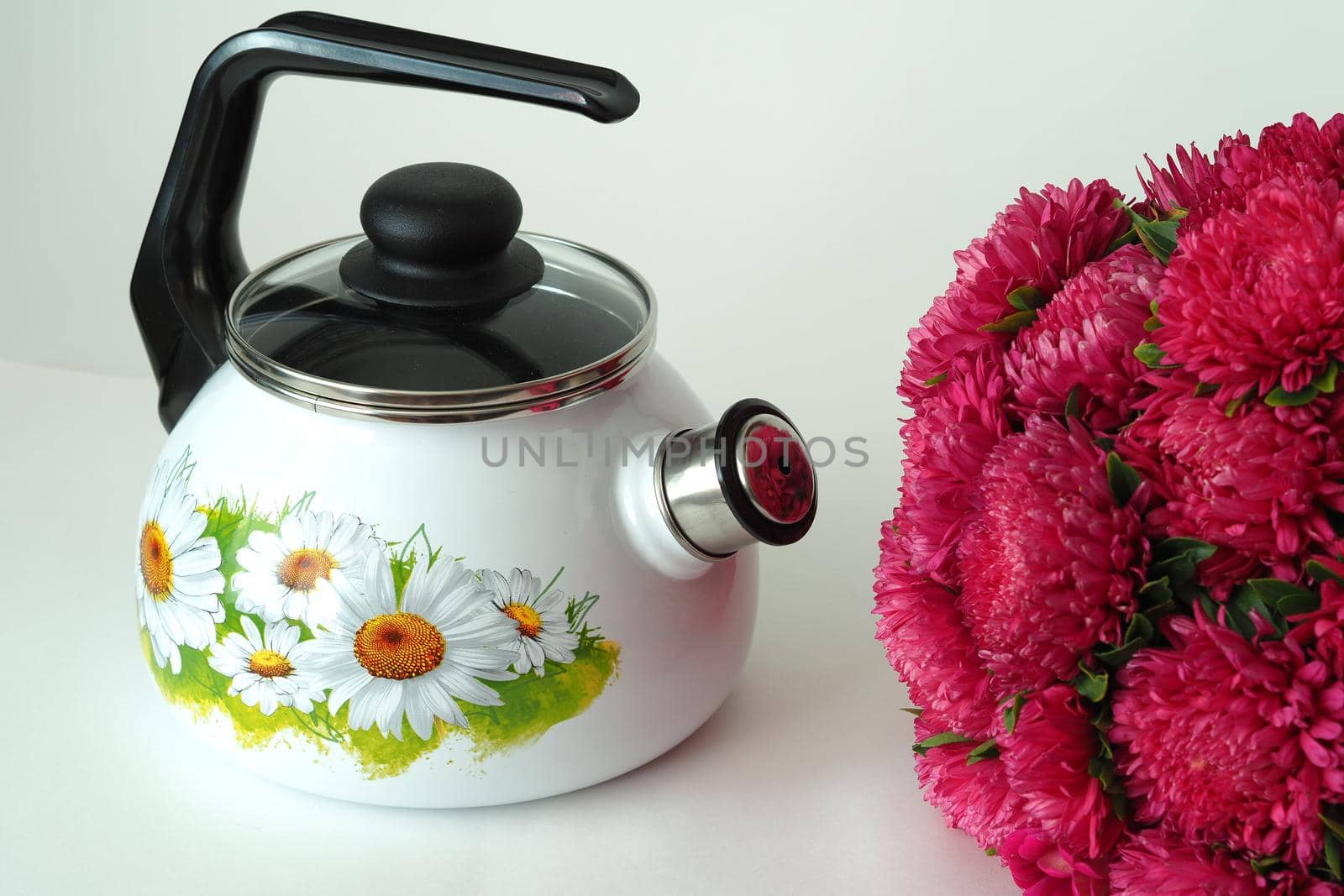 Enamelled utensils. Beautiful white enamelled kettle with whistle and pattern. by Olga26