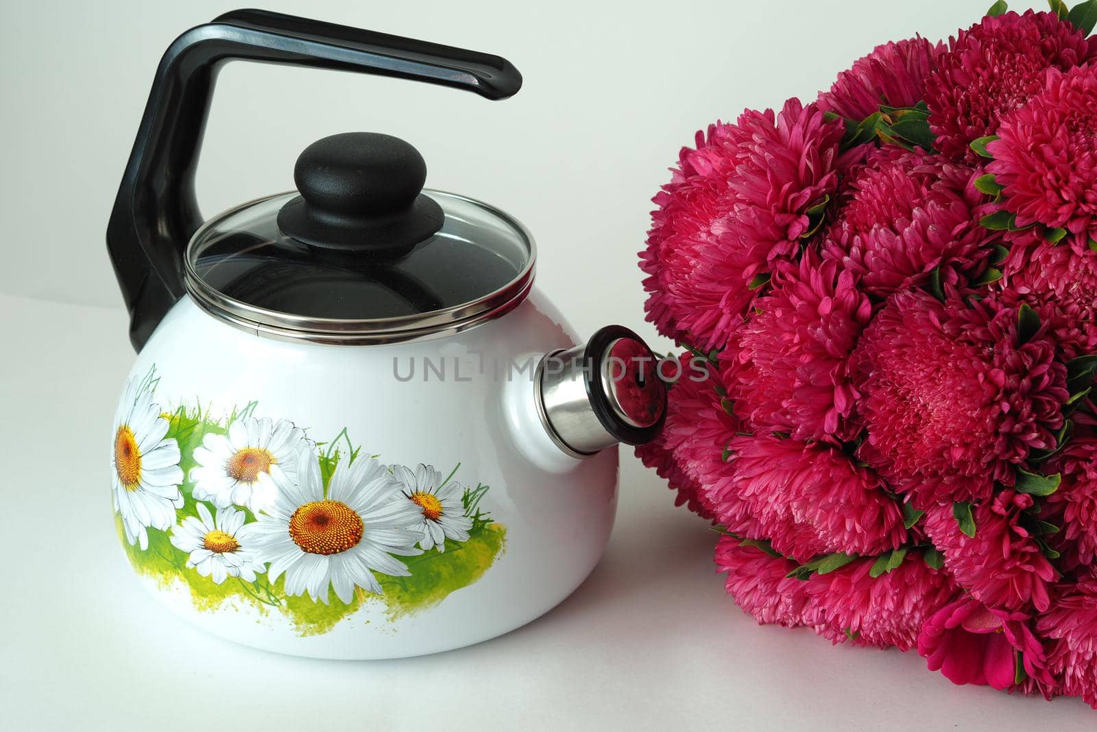 Enamelled utensils. Beautiful white enamelled kettle with whistle and pattern. by Olga26