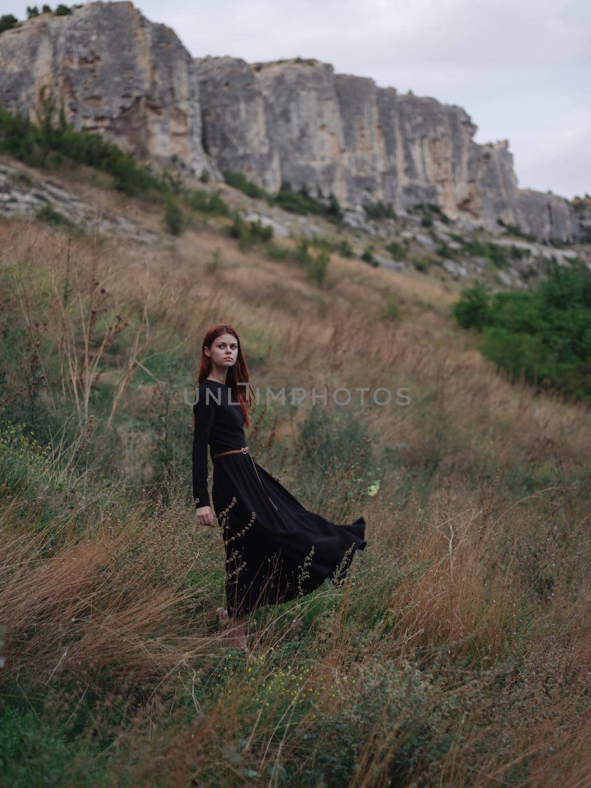 Woman in black dress red hair dry branches of grass. High quality photo