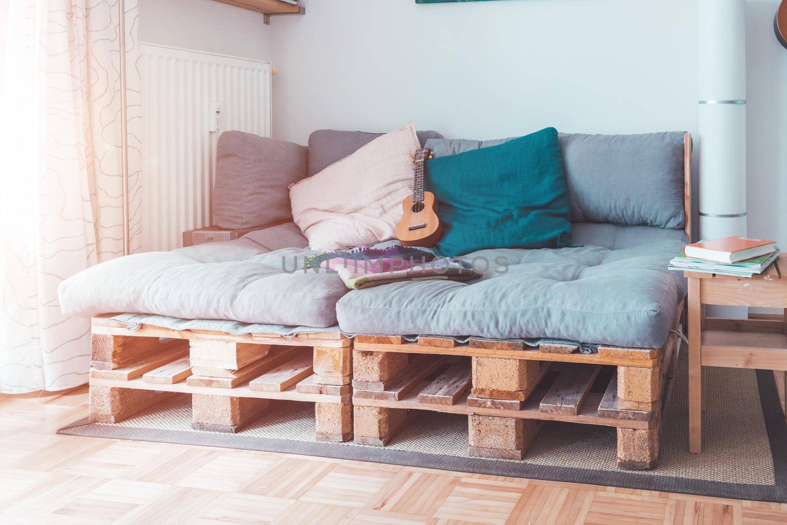 Close up of handmade palette furniture, palette sofa