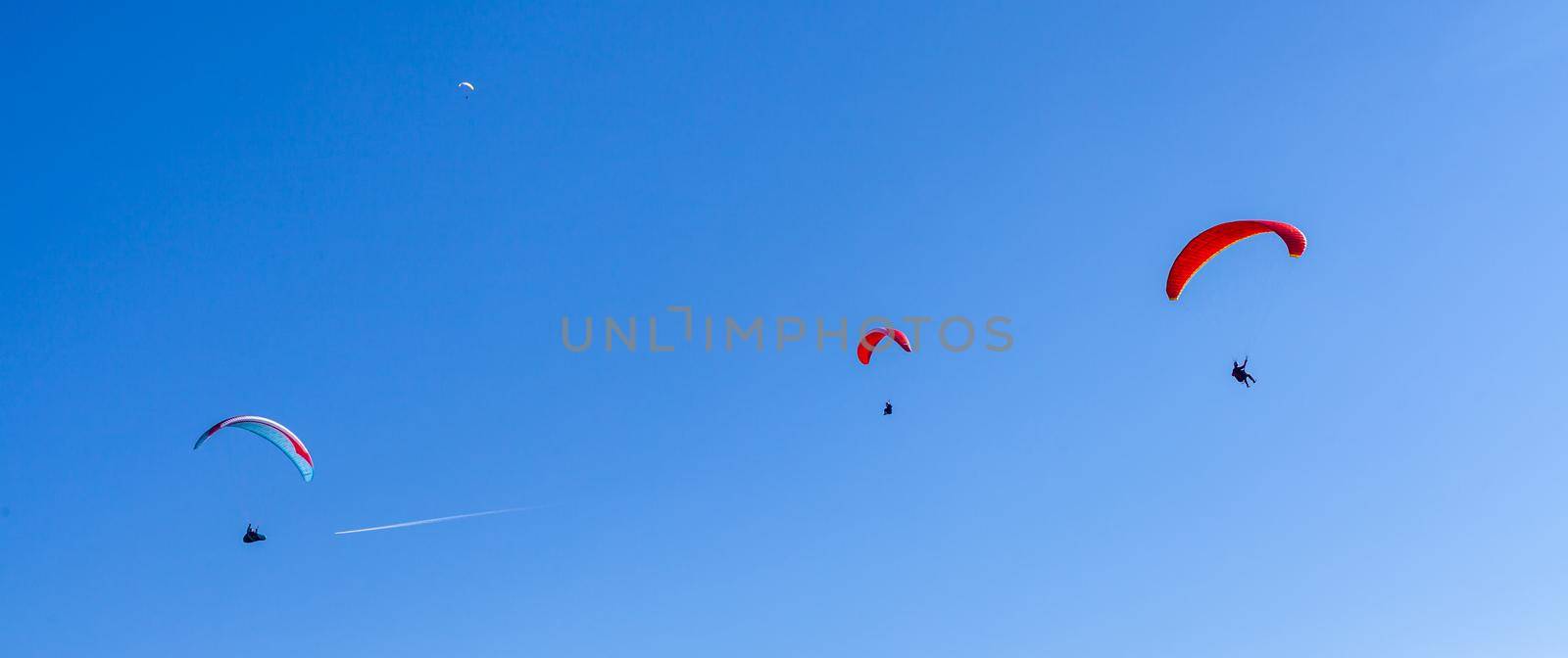 sports paragliding on a parachute over the countryside.