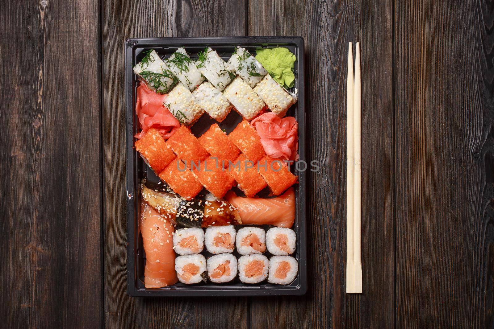 sushi set chopsticks meal eating restaurants japanese cuisine. High quality photo