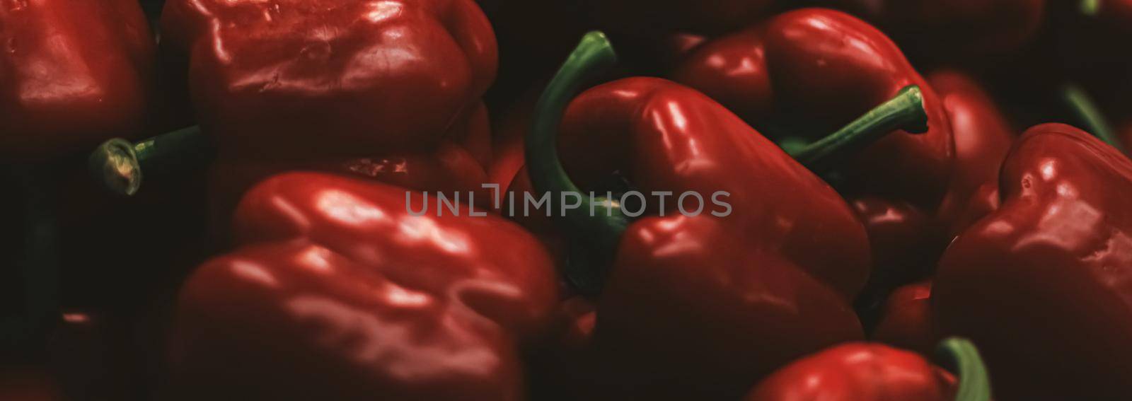 Red bell peppers on farmers market, organic food and agriculture concept