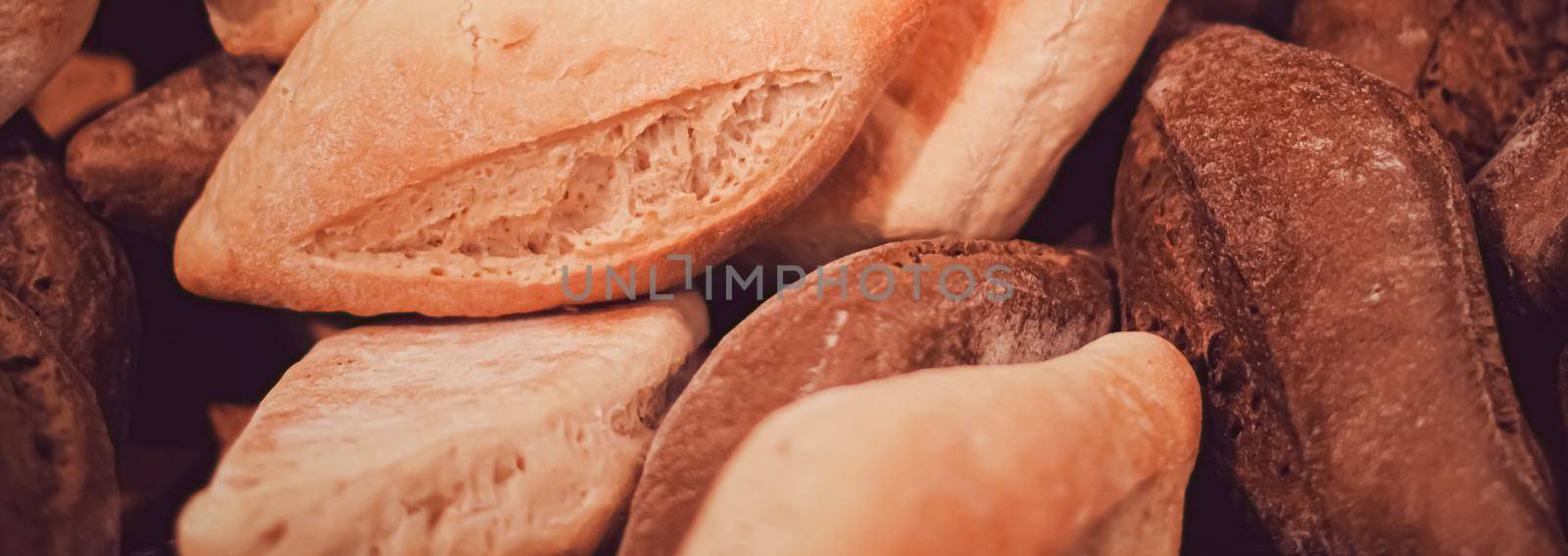 Fresh bread in bakery, organic food and gluten-free baking goods closeup