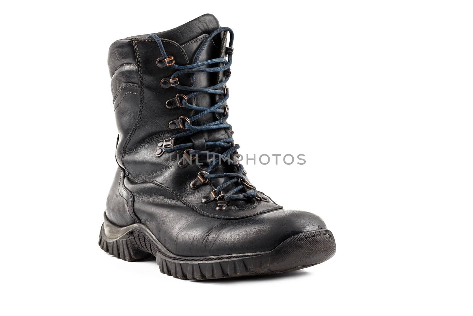 one black leather used clean civillian men 8-inch ankle boot, perspective view, isolated on white