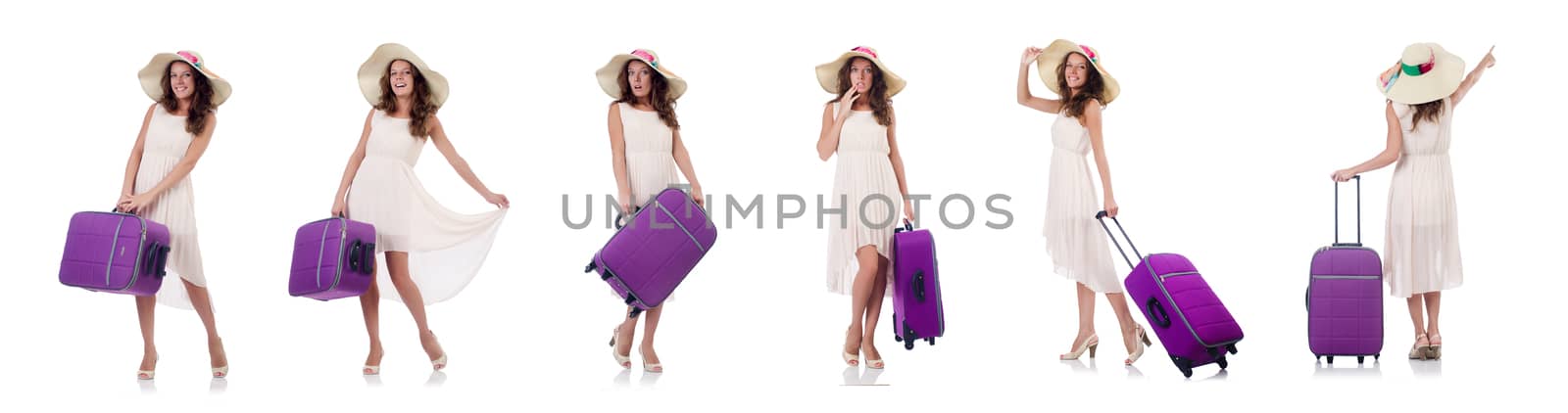 Woman traveller with suitcase isolated on white by Elnur