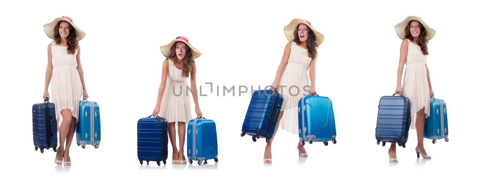 Woman traveller with suitcase isolated on white