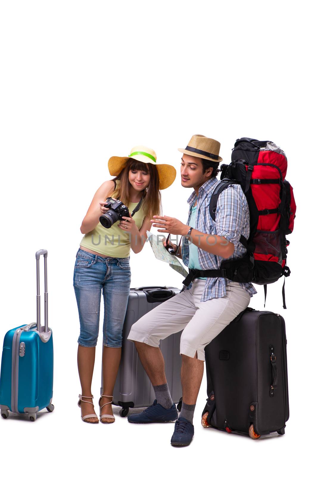 Young family preparing for vacation travel on white by Elnur