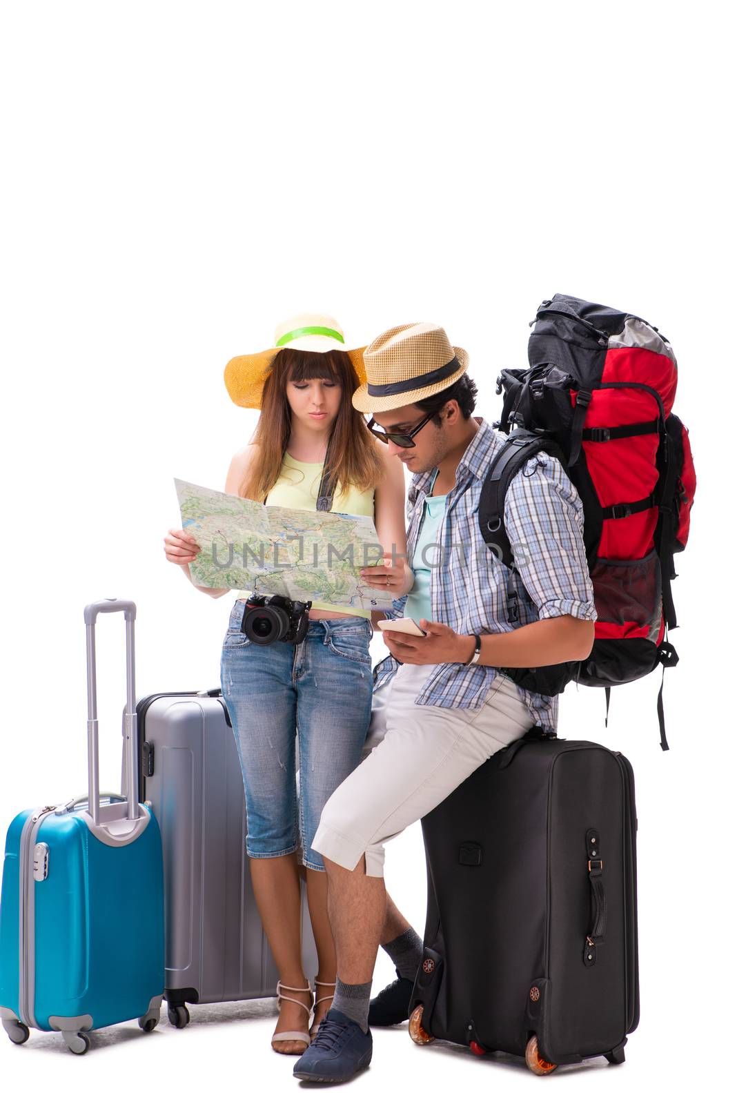 Young family preparing for vacation travel on white