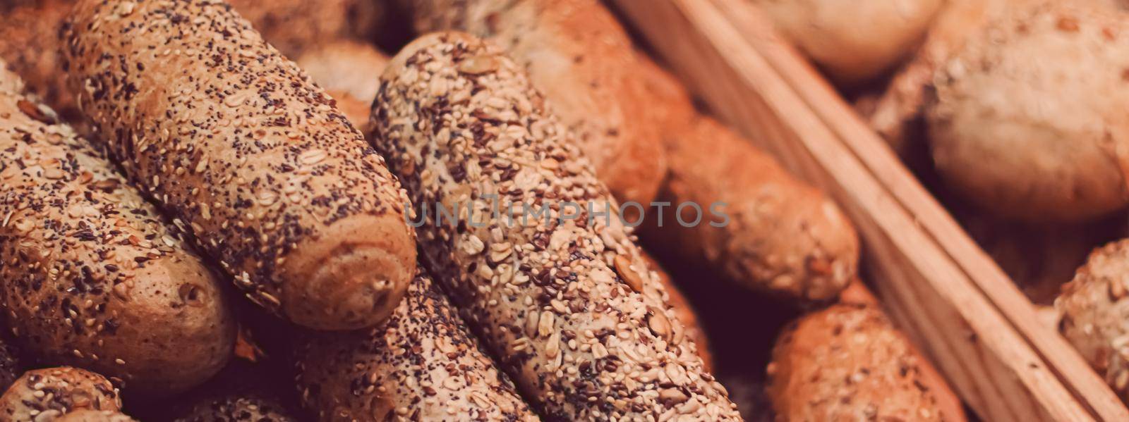 Fresh bread in bakery, organic food and gluten-free baking goods closeup