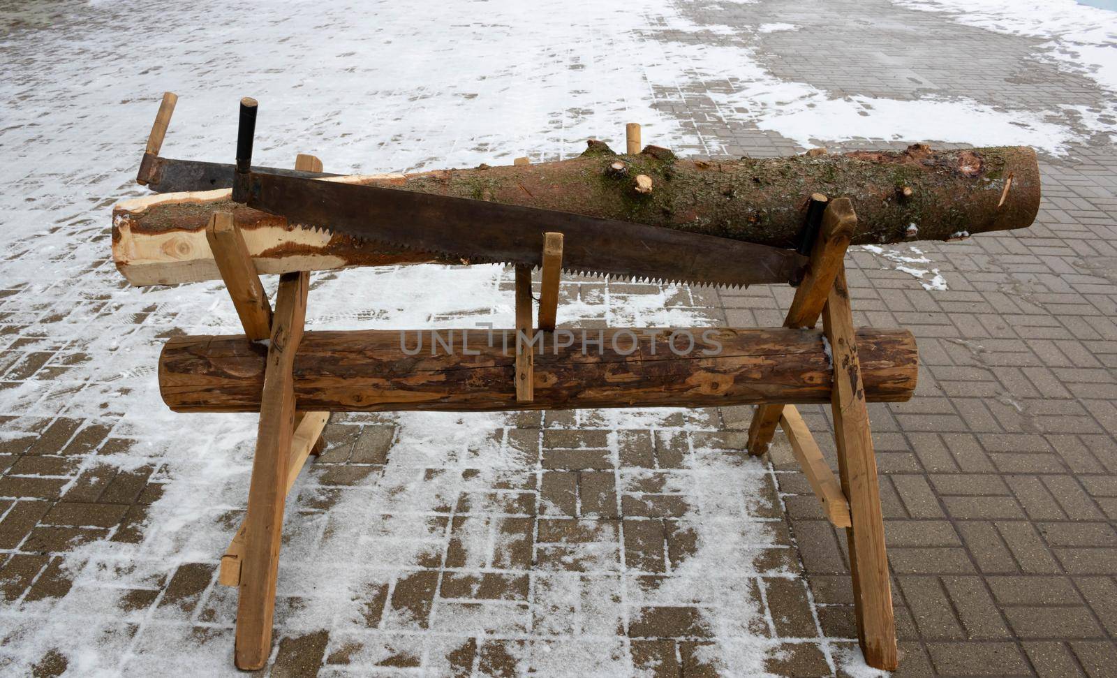 A wooden trestle with a coniferous log and two hand saws on it.