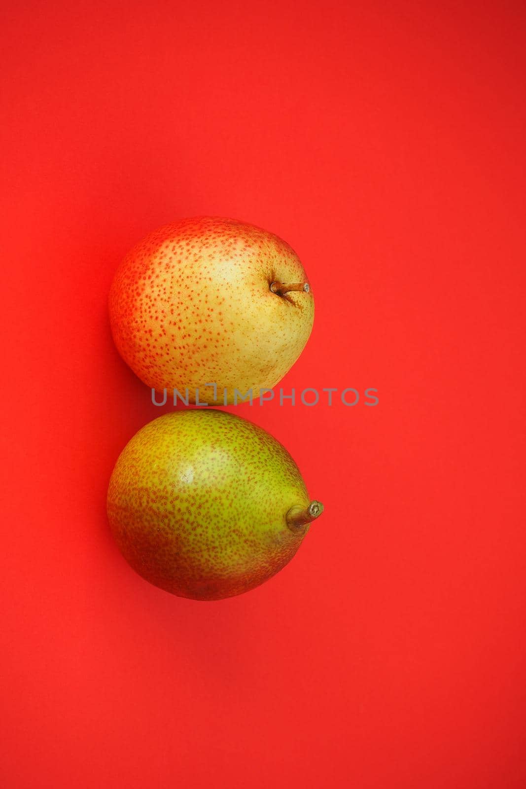 Ripe fruit on a red background. Beautiful pears and apples, Vertical image. Close-up.