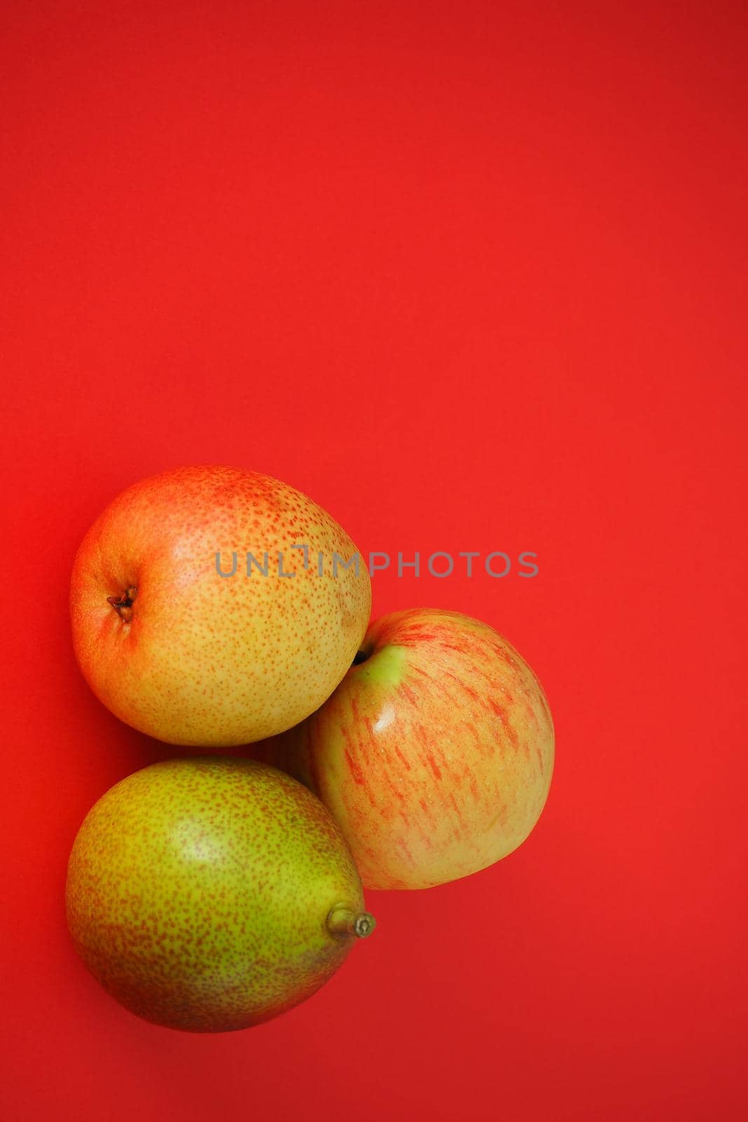 Ripe fruit on a red background. Beautiful pears and apples, Vertical image. Close-up.