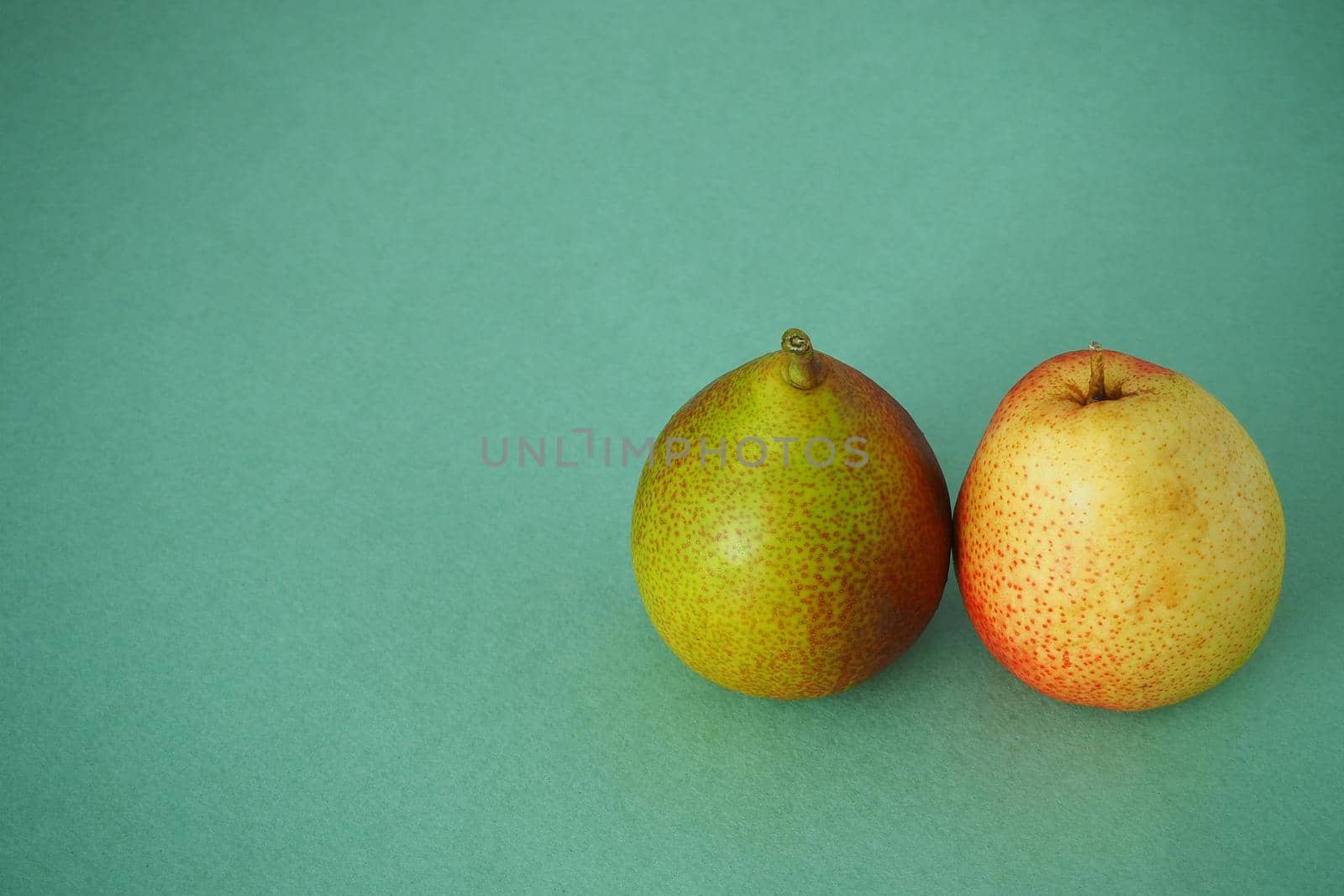 Two ripe pears close up on a green background. Horizontal image. Bright picture.