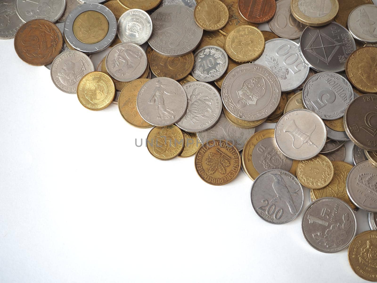 A collection of coins from different countries. Close-up