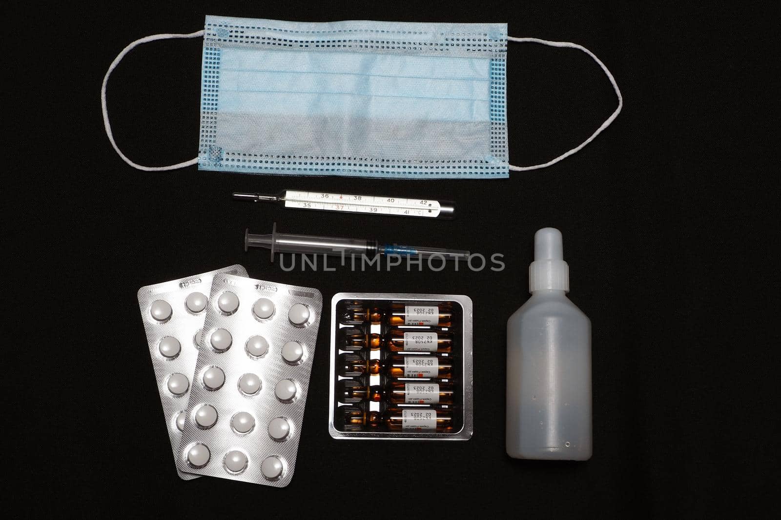 Medications and personal protective equipment. Pandemic, coronavirus. High quality photo