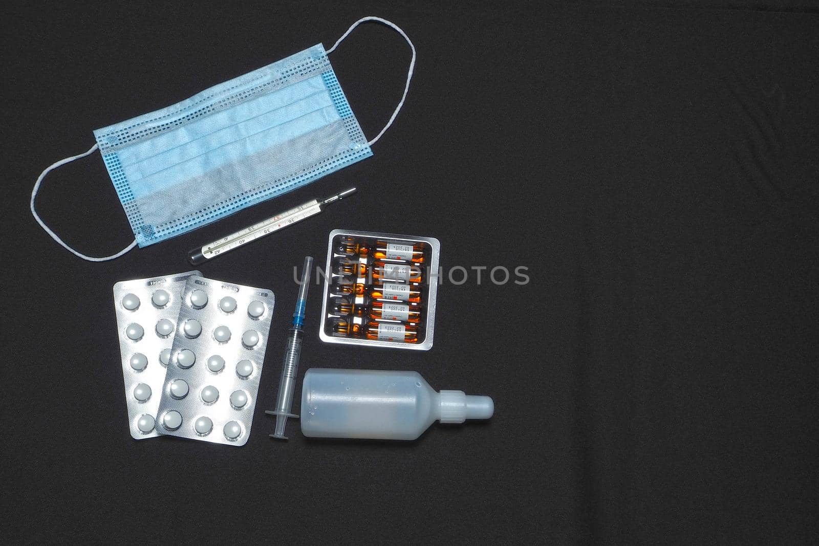 Medications and personal protective equipment. Pandemic, coronavirus. . High quality photo