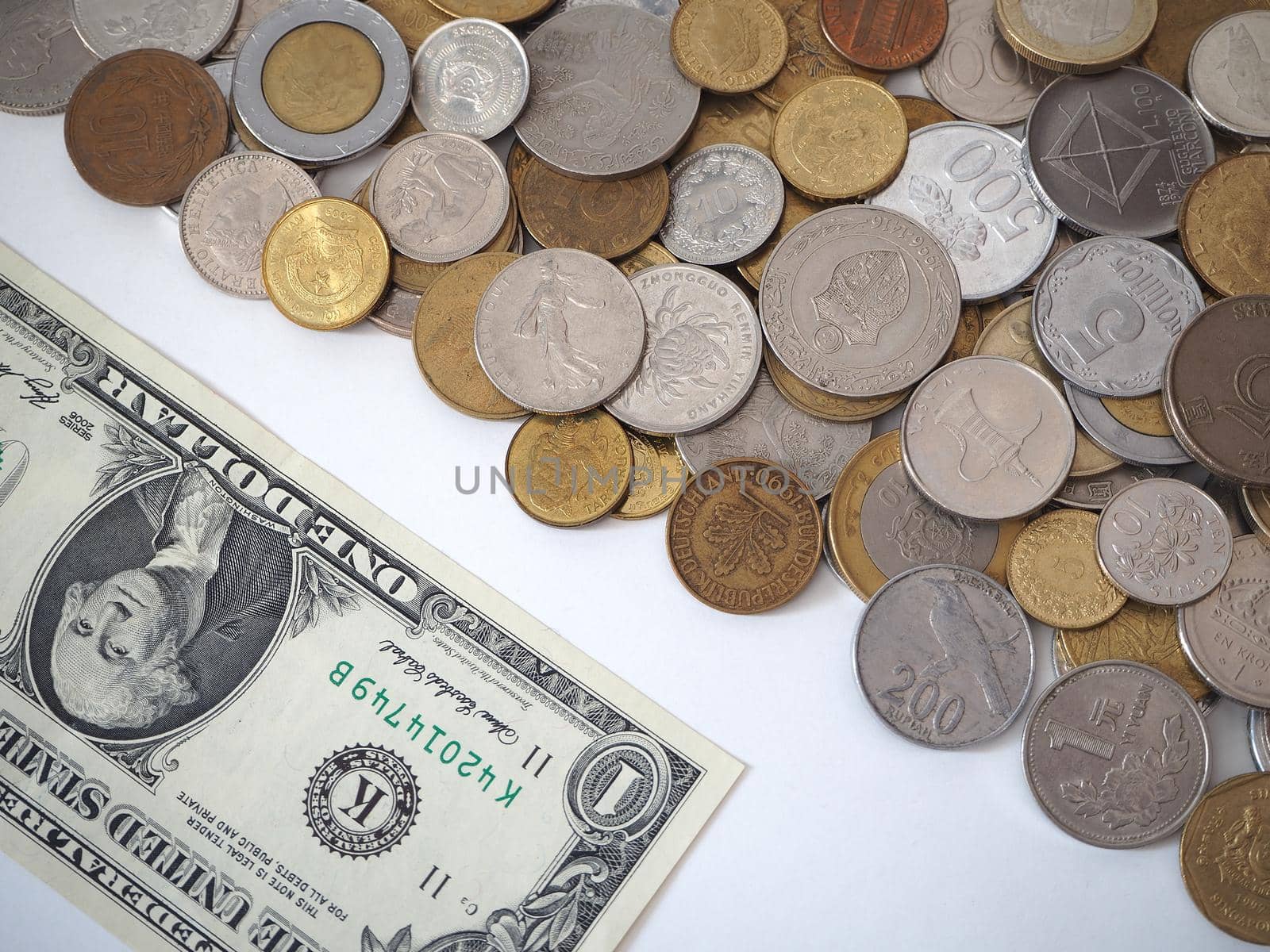 A collection of coins from different countries. Close-up