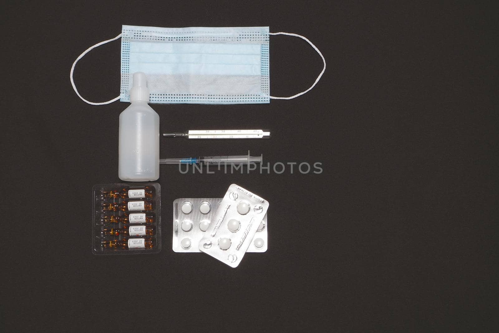 Medications and personal protective equipment. Pandemic, coronavirus. . High quality photo