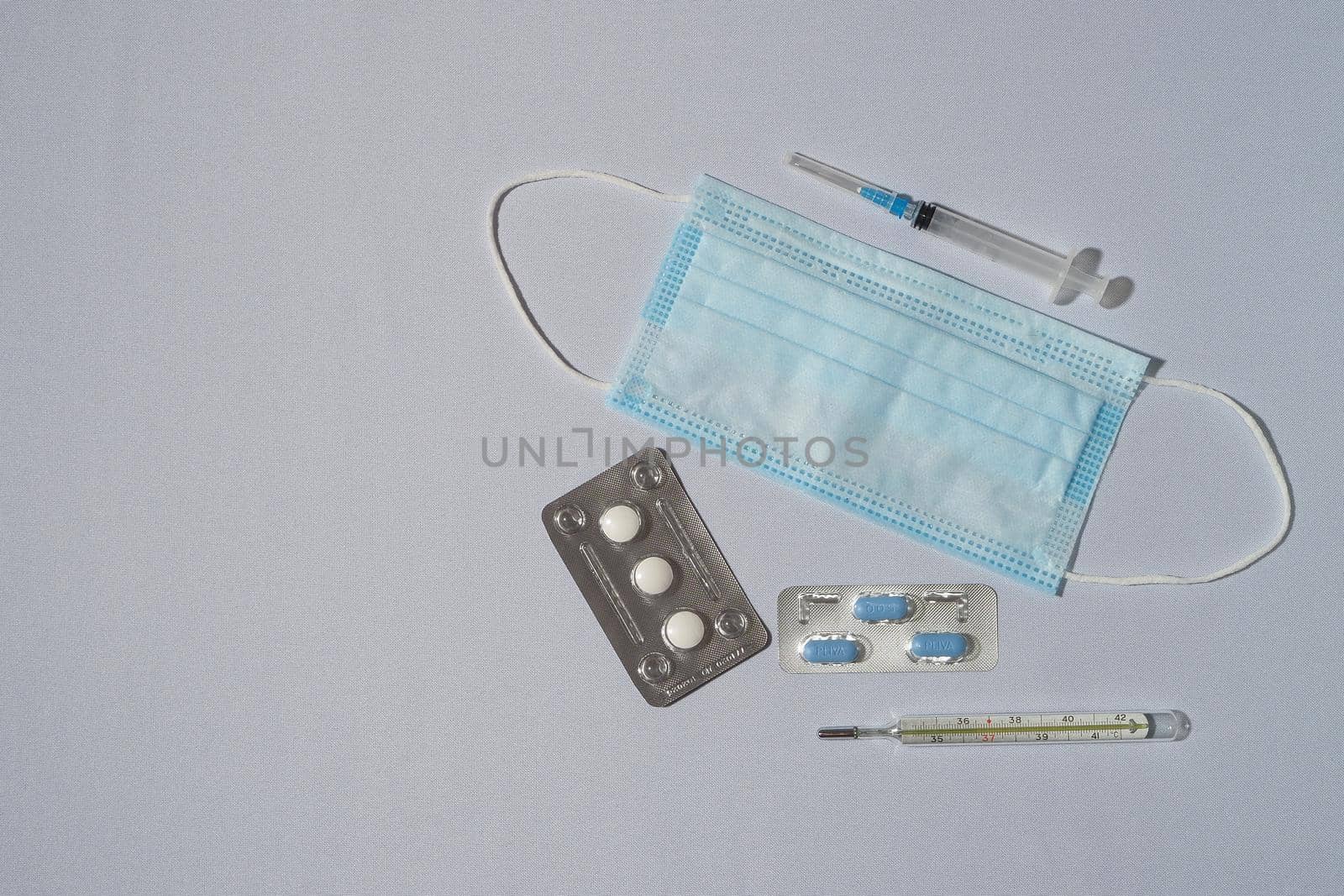 Medications and personal protective equipment. Pandemic, coronavirus. . High quality photo