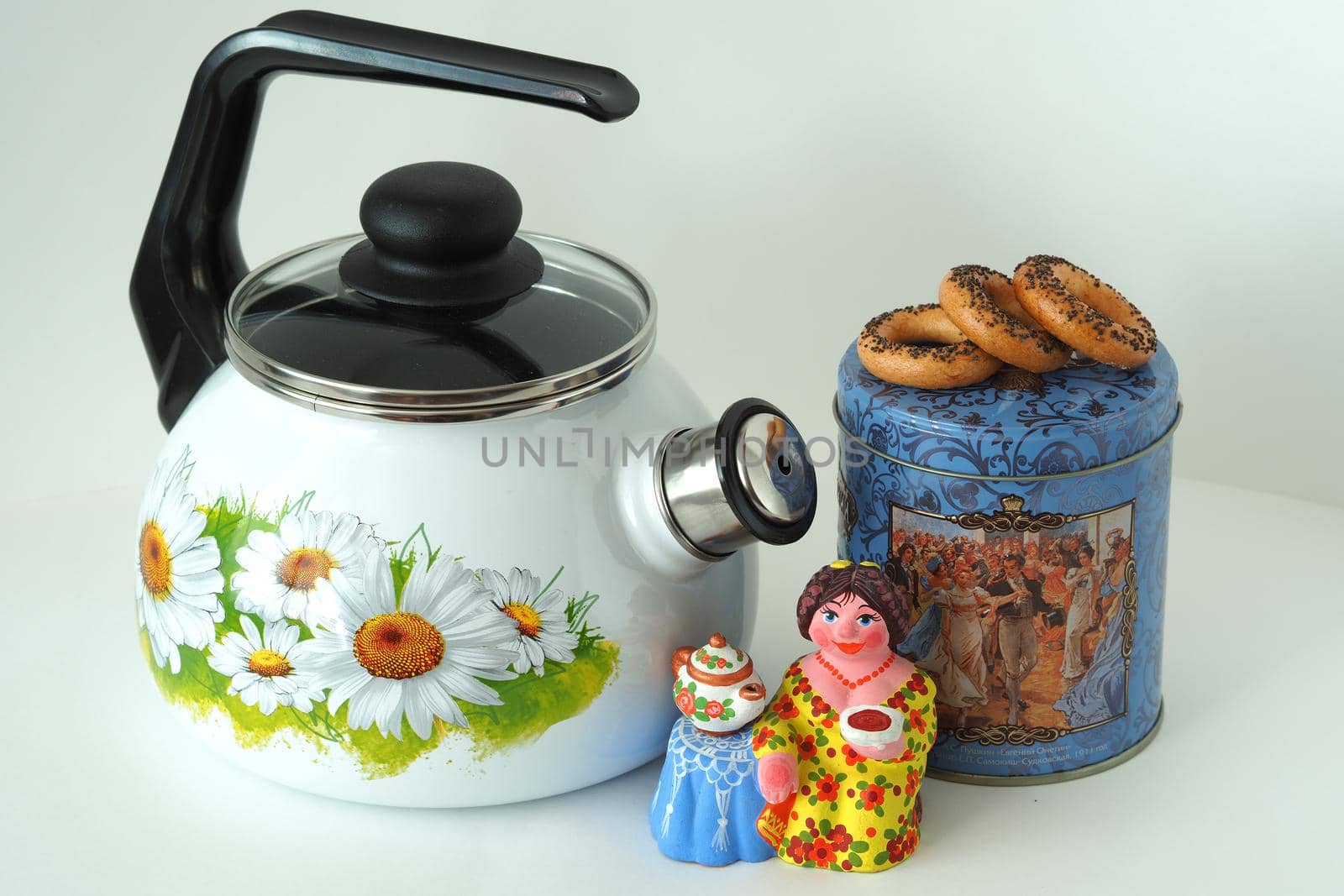 Enamelled utensils. Beautiful white enamelled kettle with whistle and pattern. by Olga26