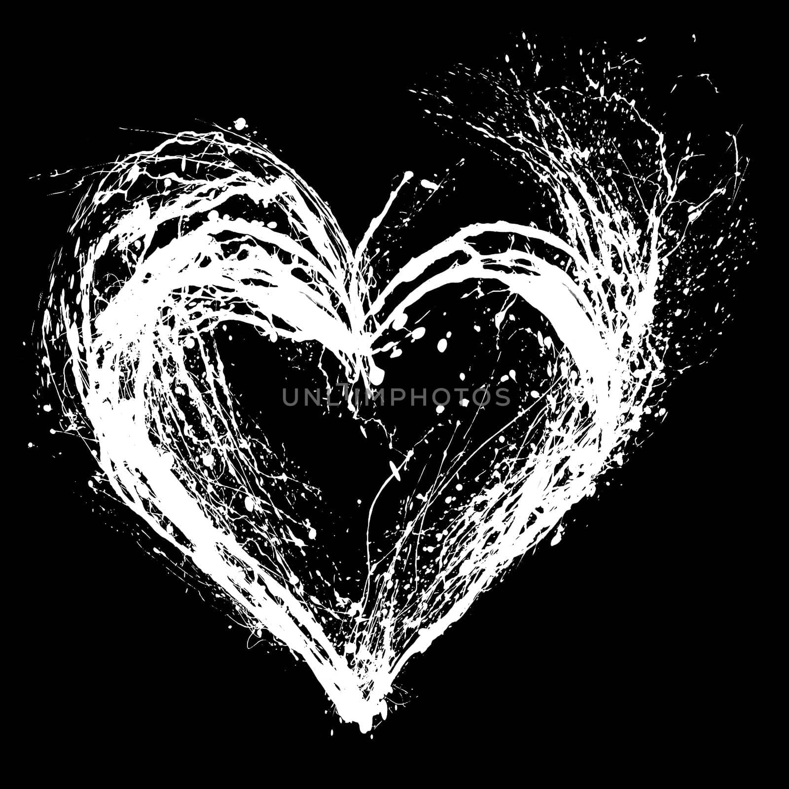 Abstract Valentine white heart on black background. Heart grunge brush stroke symbol. Hand drawn hearts. 