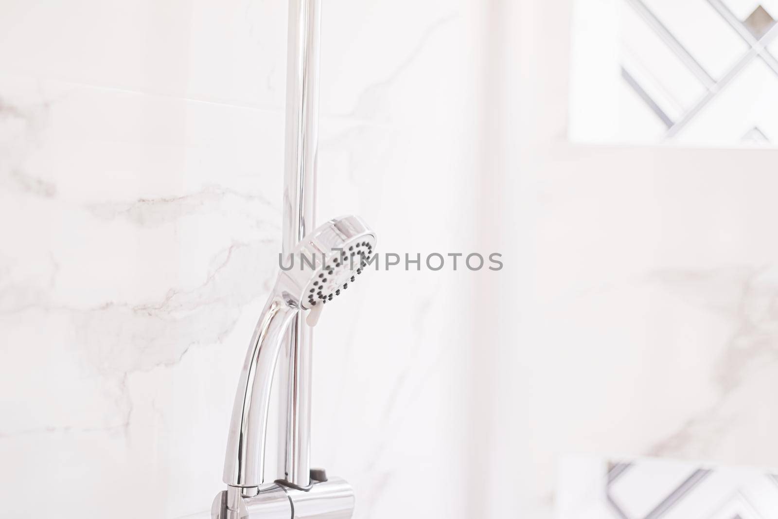 Shower head in luxury bathroom, eco-friendly interior design and sustainable materials concept