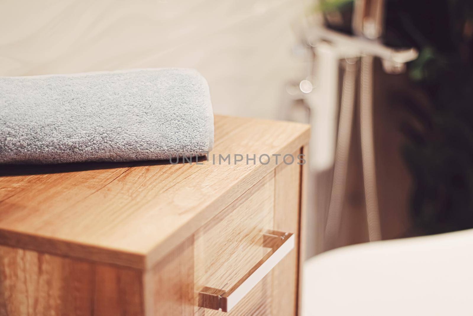 Organic and sustainable bath towel in an eco-friendly bathroom, home decor and luxury interior design concept