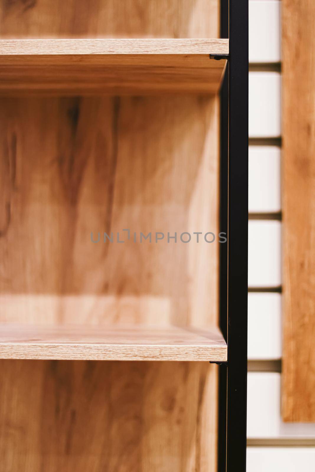 Empty wooden shelf, eco-friendly interior design and sustainable furniture materials concept