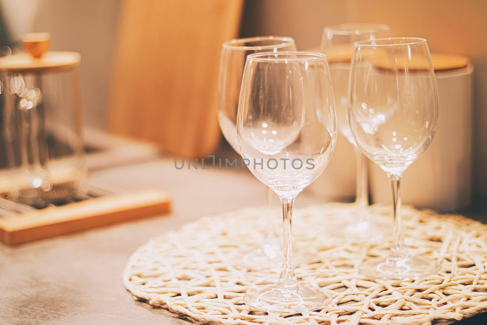 Wine glasses served for family dinner in the kitchen, home decor and luxury interior design concept