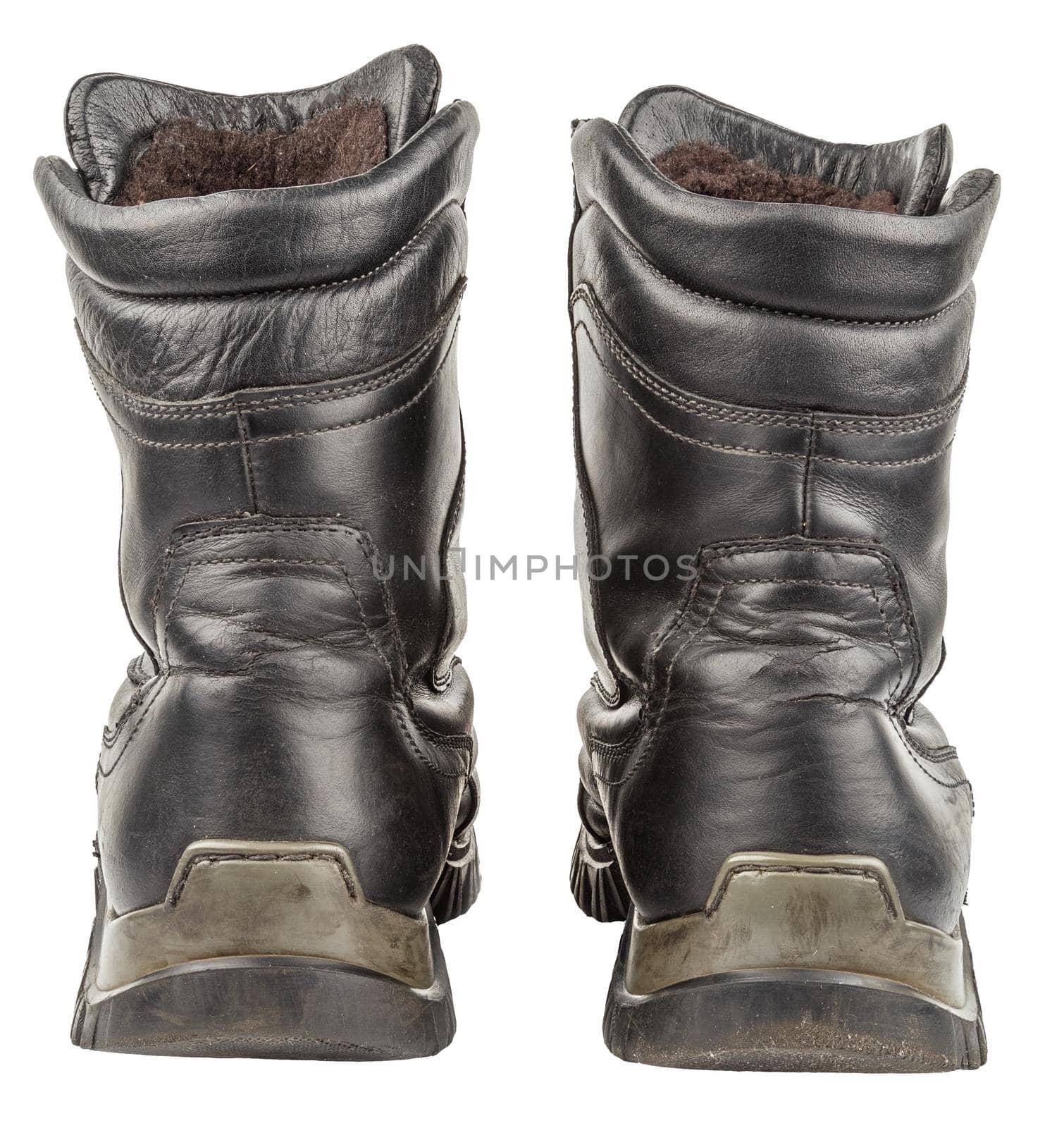 pair of black leather used clean civillian men 8-inch ankle boot, isolated on white.